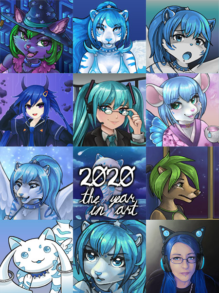 A collage of 12 art pieces Tacoma did in 2020 mostly featuring her character, a white tiger with blue stripes and large angel wings.