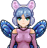 Expressive animated pixel art girl with short blue hair and faerie wings. She displays a wide range of emotions.