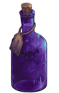 A bottle of purple poison with skull and crossbones labelled 'Fear'.